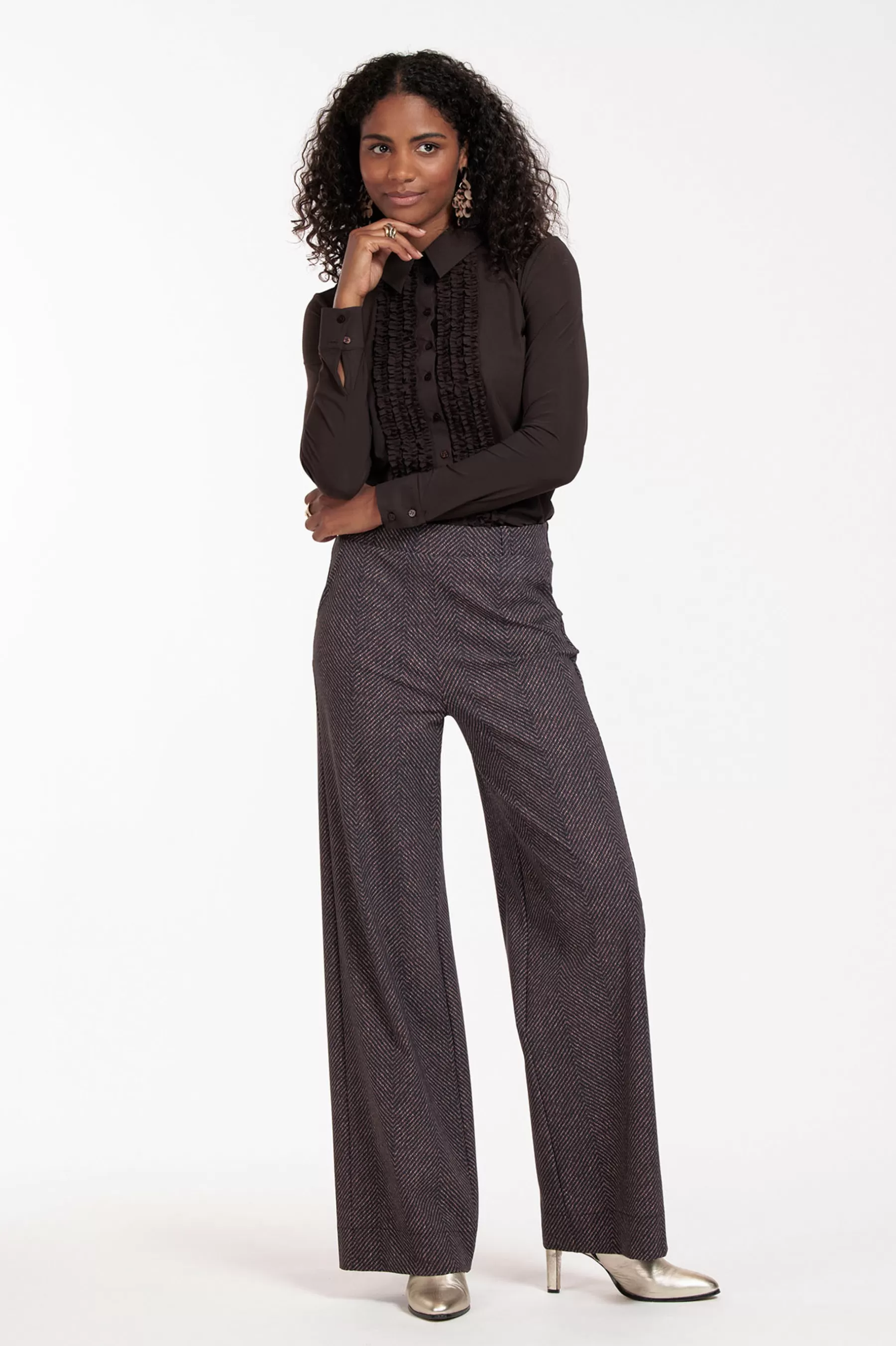 Studio Anneloes Broeken<Lexie herringbone trousers - black/espresso