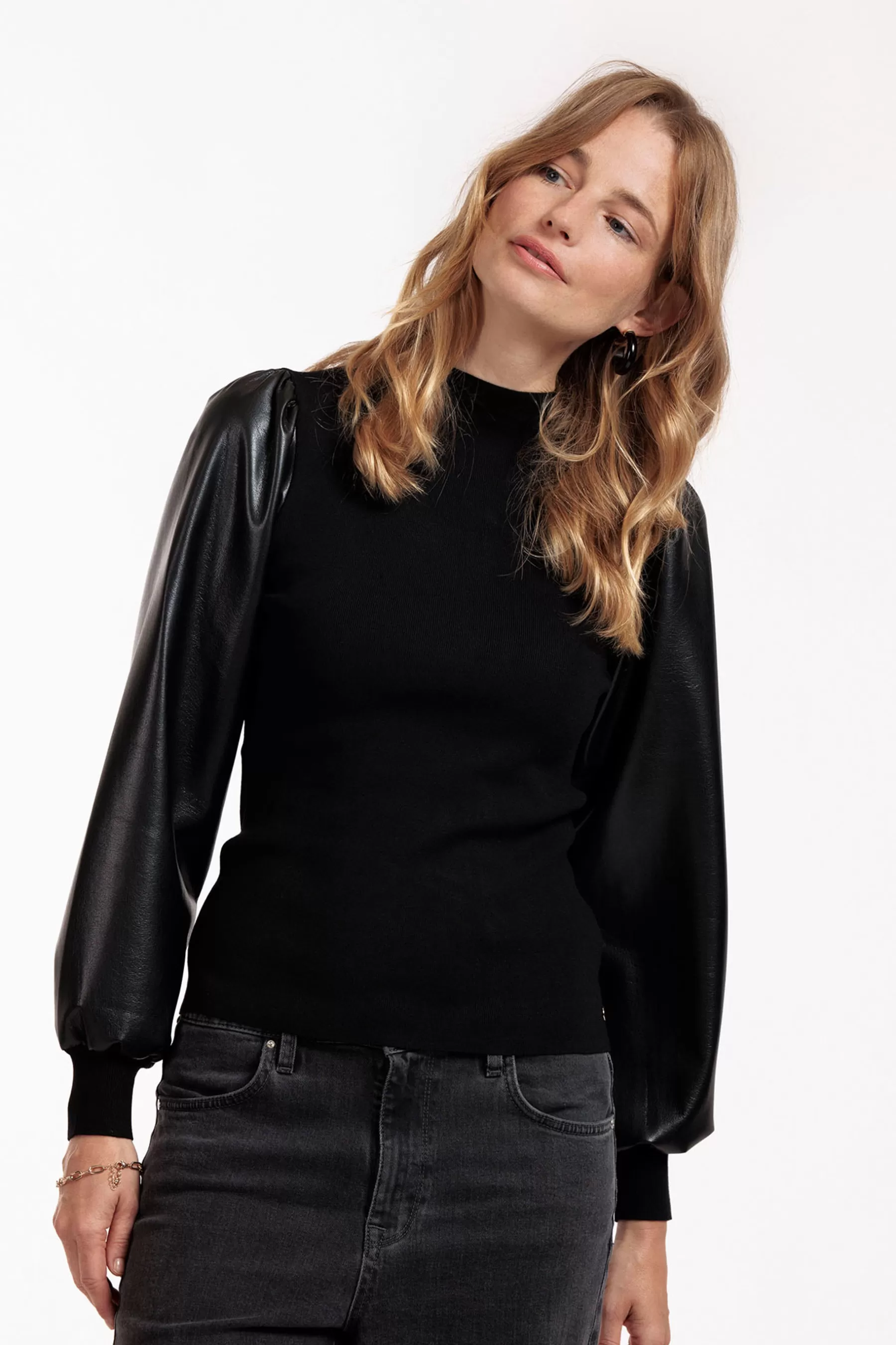 Studio Anneloes Truien & Vesten | Shirts & Tops<Noortje faux leather pullover - black